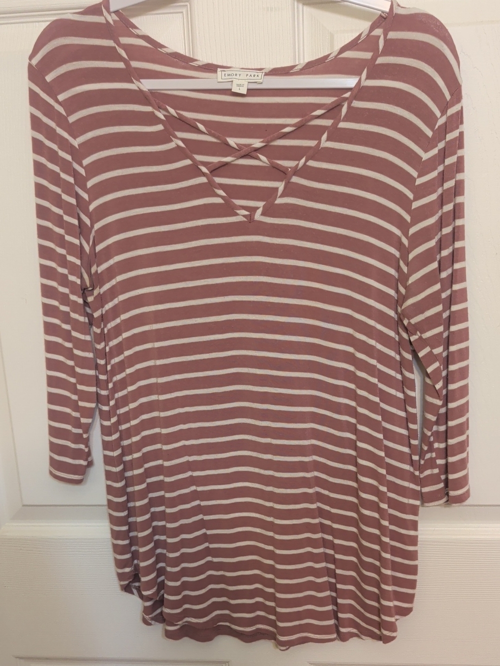 emory park Mauve & White Striped Crisscross V-Neck Tunic